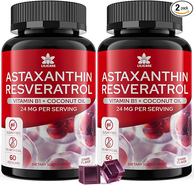Astaxanthin Supplements 24mg Gummies with Resveratrol Vitamin B1 Coconut Oil - Algae Organic Antioxidants for Men &amp Women Healthy Aging Skin Eyes Immune - Vegan Sugar-Free Non-GMO 120 Serv
