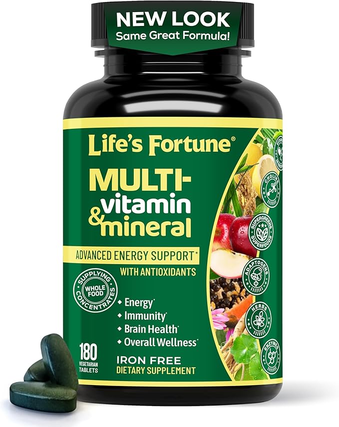 Life's Fortune Whole Food Multivitamin &amp Mineral Supplement for Men &amp Women – Energy Support Vitamins for Immune Brain &amp Metabolism Support – Iron Free 180 Vegetarian Tablets