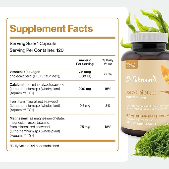 Dr. Fuhrman Osteo Bone Health Supplement | Wholefood Supplement for Women &amp Men | Vitamin for Bone Density | Organic Vitamin D3 Calcium Magnesium &amp K2 | Natural Ingredients | 120 Caps