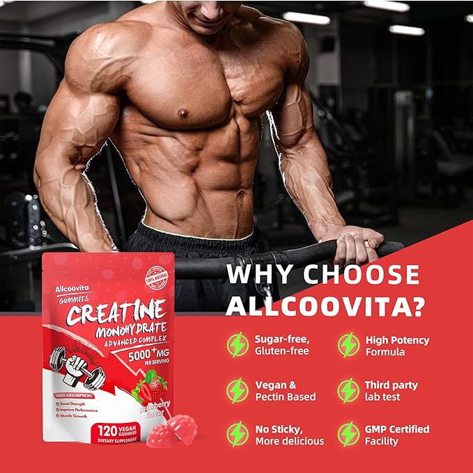 NSF Certified Creatine Gummy - Creatine Monohydrate Gummies 5000mg for Men &amp Women -120 Gummies Advanced Formula Muscle Strength Muscle Builder Energy Boost Pre-Workout Supplement-Strawberry