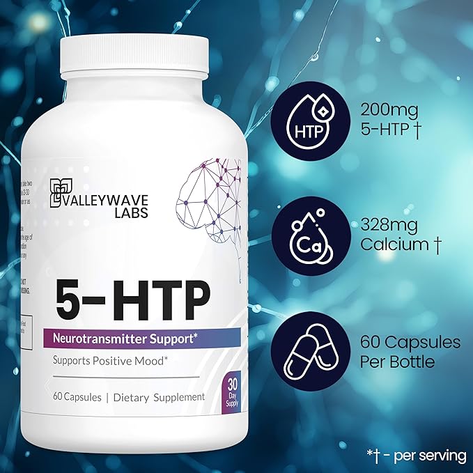5-HTP - 200mg 5HTP Supplement (5-Hydroxytryptophan) to Support Mood Plus Sleep* Stress Relief* 60 Capsules - 30 Day Supply Made in USA