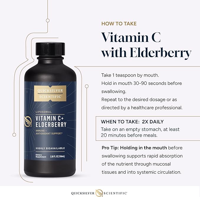 Quicksilver Scientific Liposomal Vitamin C + Elderberry - 1000mg with Superior Absorption Technology &amp Tocotrienols - Antioxidant &amp Immune Support Tonic (100ml) 1 Item