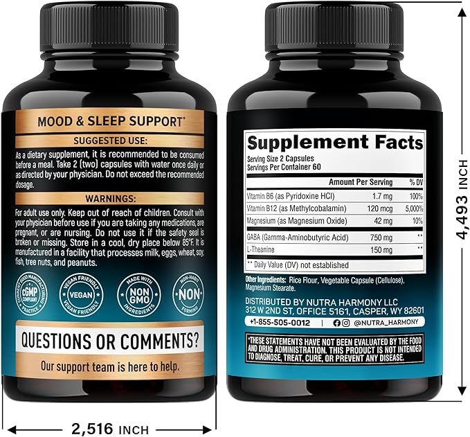 GABA L-Theanine 900 mg - Made in USA - Magnesium | Vitamin B6 - Calm Sleep Relaxation &amp Mood Support - 750 mg Gamma AminoButyric Acid 150 mg L-Theanine - Non-Habit Forming Vegan - 120 Capsules