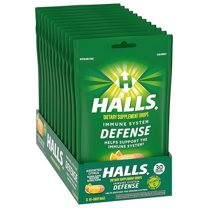 HALLS Defense Assorted Citrus Vitamin C Drops Dietary Supplement Drops 12 Bags of 30 Drops (360 Total Drops)