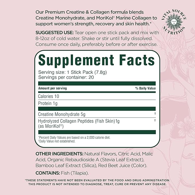 Vital Source Nutrition - Flexi - Creatine &amp Collagen Stick Packs - 5g Creatine Monohydrate + 1g MoriKol Collagen -Supports Strength Recovery &amp Skin Health -20 Servings
