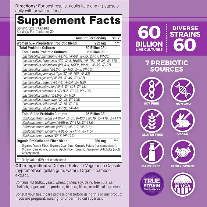 Vital Planet - Vital Flora Women Over 55 Daily Probiotic 60 Billion CFU Diverse Strains Organic Prebiotics Vaginal and Immune Support Digestive Health Probiotics for Women 30 Capsules