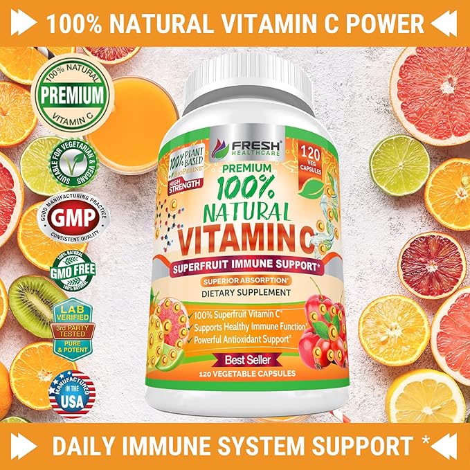 Fresh Healthcare Whole Food Vitamin C 500mg - Natural Supplement from Rose Hips Acerola Cherry &amp Camu Camu - with Citrus Bioflavonoids for Immune Support - 120 Vegan Capsules