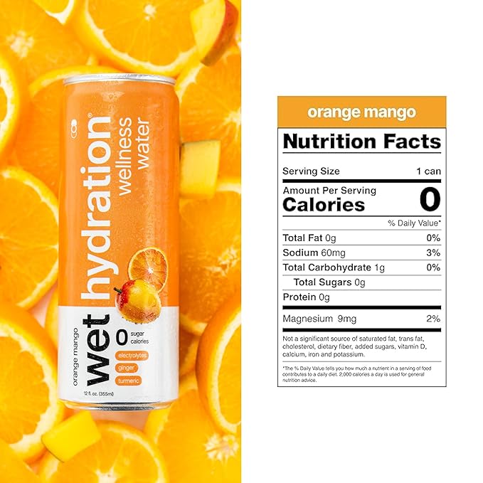 Wet Hydration - Functional Hydration Beverage - Flavored Water Sugar-Free Gluten-Free No Artificial Ingredients (Orange Mango Ginger Turmeric)