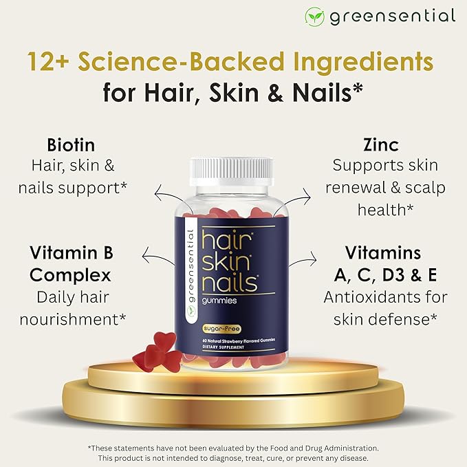 Sugar-Free Hair Skin &amp Nails Gummies - Complete Vitamin Complex w/Natural Ingredients - Fuller Hair Support - No Artificial Colors Natural Strawberry Flavor Made in USA 60 Ct