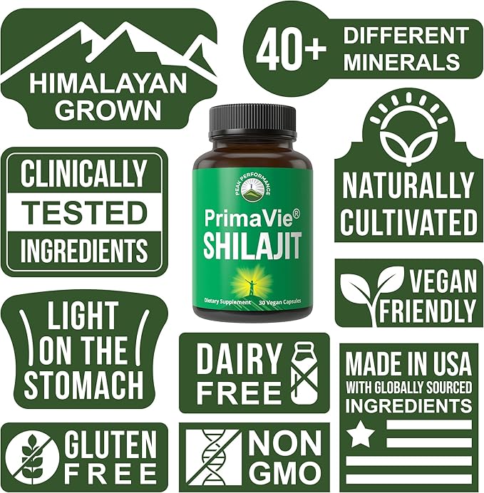 PrimaVie Purified Shilajit Capsules Made with Pure Shilajit Powder. Clinically Tested Natural Supplement with 40+ Trace Minerals Fulvic Acid. Tablets Support Mitochondria + Brain Function