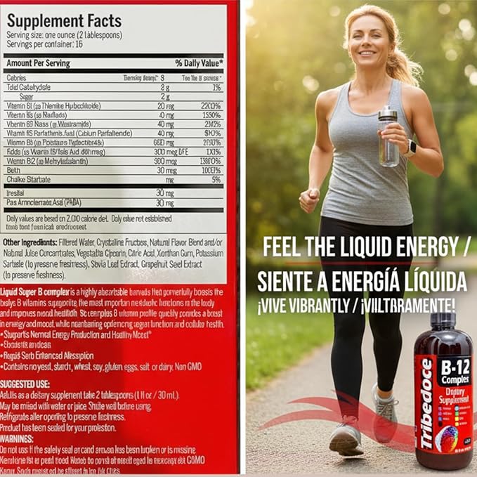 B-12 Complex Liquid Dietary Supplement - High Potency Vitamin B Complex with Thiamine Riboflavin Niacin Pantothenic Acid Pyridoxine Biotin and Cobalamin Non-GMO Gluten Free 16 fl oz