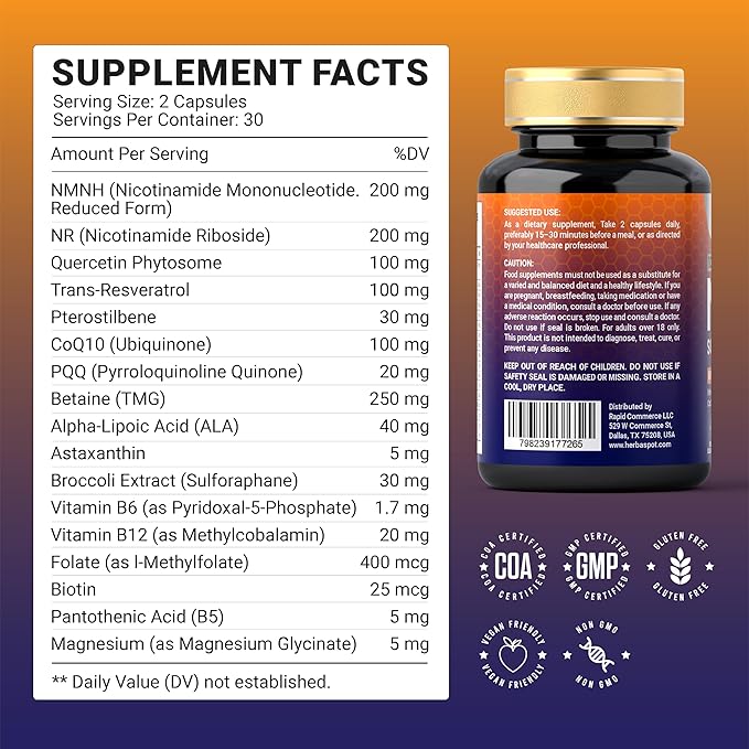 NAD+ Supplement 1000mg for Men &amp Women with NMNH NR Resveratrol &amp CoQ10 | Supports Healthy Aging Cellular Health &amp Wellness | Vitamin B &amp Antioxidant Support | 60 Capsules