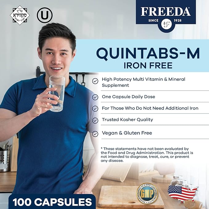 FREEDA One Daily Multivitamin Without Iron – Kosher Adult Multivitamin Supplements for Women &amp Men’s Health with Biotin Vitamin B12 B1 B2 B5 Folic Acid Niacinamide – Gluten Free (250 Capsule