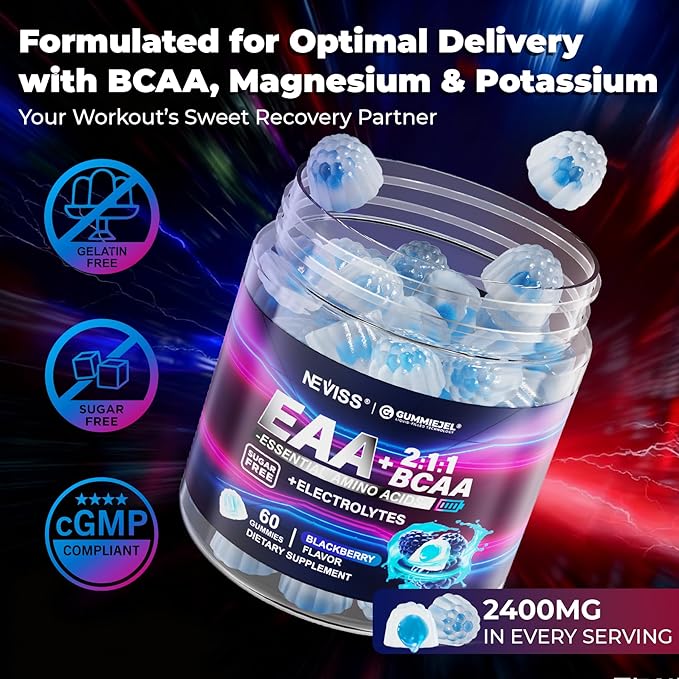 EAA Gummies Supplements All 9 Essential Amino Acids Supplement BCAA Amino Acids Gummies for Men Women│Branched-Chain Aminos &amp Electrolyte Hydration Gummies│Gluten Free Raspberry Flavor Vegan