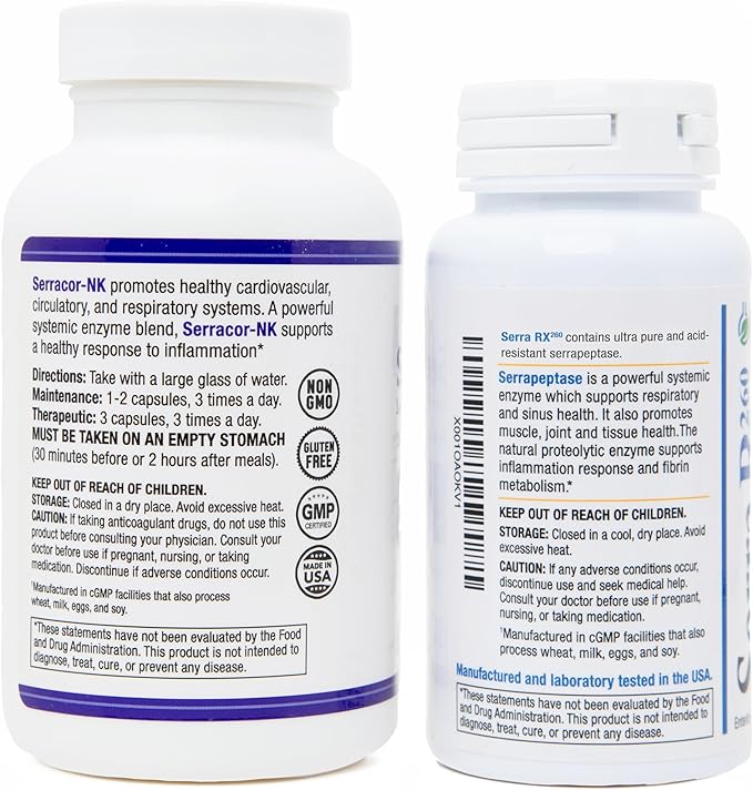 Serracor-NK &amp Serra-RX 260000 SU - Scar Tissue Bundle (150 Capsules &amp 60 Capsules) - Acid-Resistant Serrapeptase Proteolytic Systemic Enzyme Respiratory &amp Lung Support