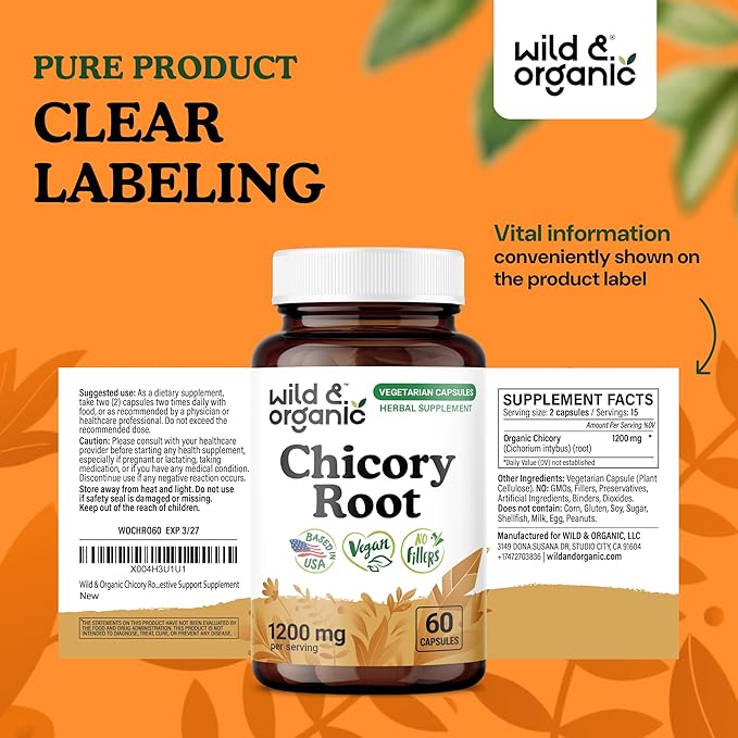 Wild &amp Organic Chicory Root Capsules - 1200 mg of Chicory Root Powder per Serving - Digestive &amp Gut Support - Prebiotic Inulin Supplement - Non-GMO Vegan Inulin Capsules - 60 Count
