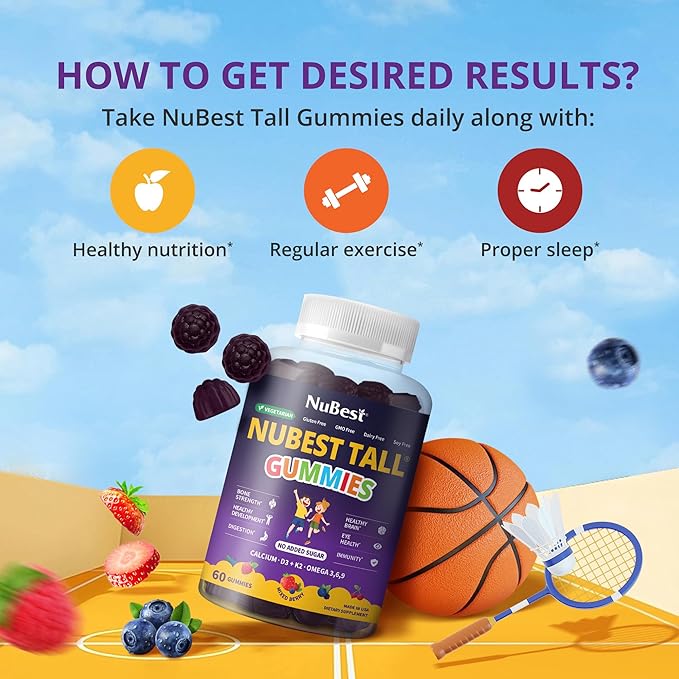 NuBest Tall Gummies for Kids Age 2+ &amp Teens | Bone Strength Immunity Digestive Health with Calcium Vitamin D3 K2 B Complex Magnesium Zinc | 20+ Vitamins Berries Gummies No Added Sugar