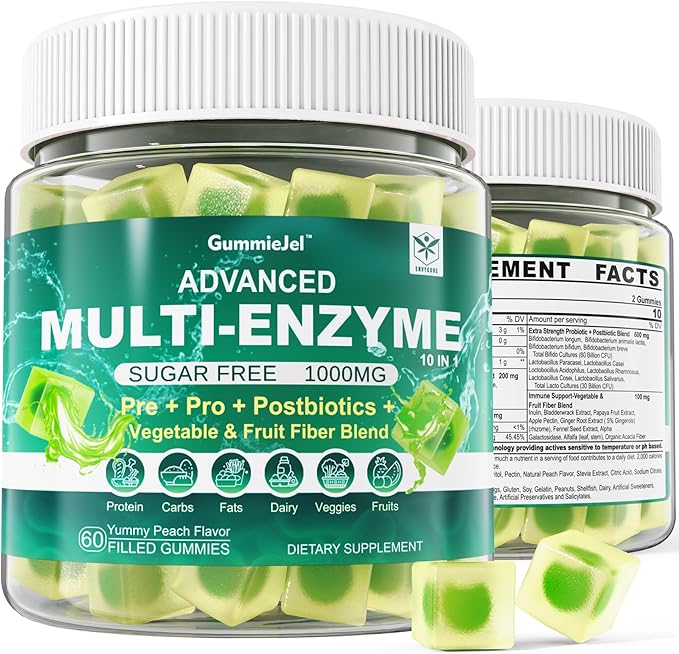 Digestive Enzymes Gummies 1000mg Chewable - Break Down Food Quickly 90 Billion CFU Probiotic Postbiotic Prebiotic &amp Fiber Blend &amp Vitamin ADK Gummies + Calcium Magnesium Zinc Supplement