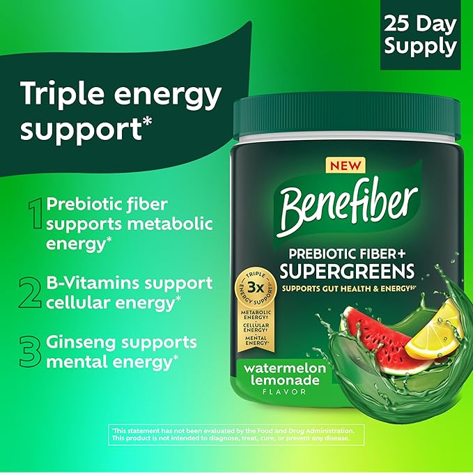 Benefiber Prebiotic GLP-1 Friendly Fiber + Supergreens Dietary Supplement Powder Watermelon Lemonade Flavor 8.8 oz (250g)