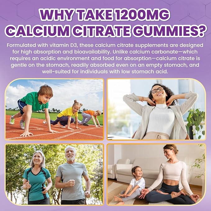 Calcium Citrate Gummies - 1200mg Calcium Gummies Supplements for Women &amp Men with Vitamin D3 K2 Magnesium Zinc High Absorption for Bone Muscle &amp Immune Support Grape Flavor 120 Count