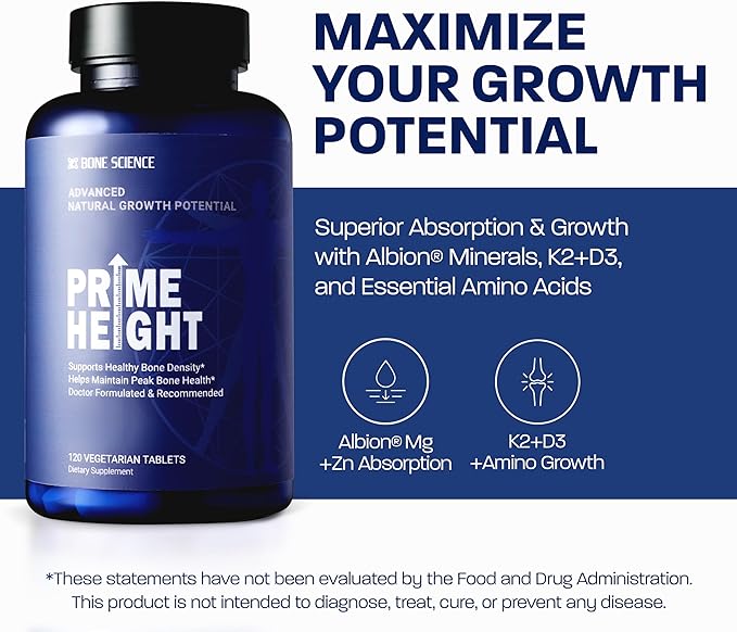 BONE SCIENCE Primeheight Bone &amp Growth Support with Calcium Vitamin D3 K2 Magnesium Zinc - Nutrient-Based Vegan Immune Formula Non-GMO 120 Tablets