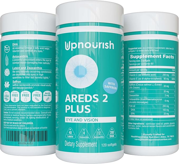 UpNourish AREDS 2 Plus Eye Vitamin Supplement AREDS 2 Zinc Free Formula with Lutein Zeaxanthin Saffron Astaxanthin &amp DHA - 120 softgels