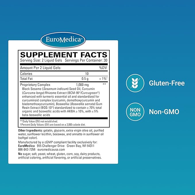 EuroMedica Acute Pain Relief - Dietary Supplement with BCM-95 Curcumin &amp BOS-10 Boswellia - Black Sesame Seed Oil Supplement to Support Relief of Occasional Discomfort - 60 Liquid Gels
