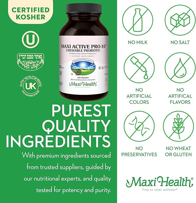 Maxi Health Active Pro-10 Kids Probiotic Chewables – 15 Strains for Digestive &amp Immune Health –10 Billion probiotic Blend- Dairy-Free Kosher – Supports Gut Health Vegetarian – 60 ct (Shelf Stabl