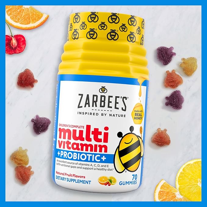 Zarbee's Kid's Complete Multivitamin + Probiotic Gummies with Vitamins A B C D E &amp zinc for Digestive Health Easy To Chew Kids Daily Multivitamin Gummies Natural Fruit 70 Count