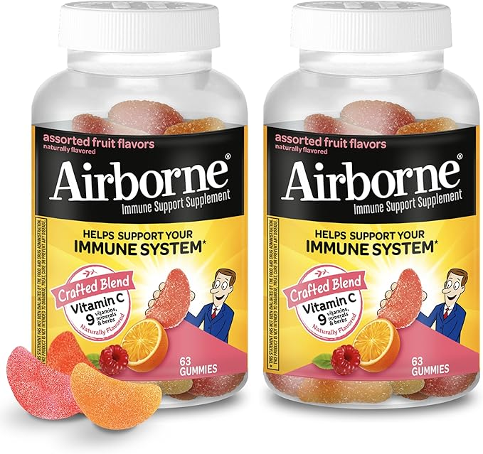 Airborne 750mg Vitamin C Gummies for Adults Immune Support Gummies with Powerful Antioxidants VIT C &amp E Caffeine Free - 2x63ct Bottle (42 Servings) Assorted Fruit Flavor