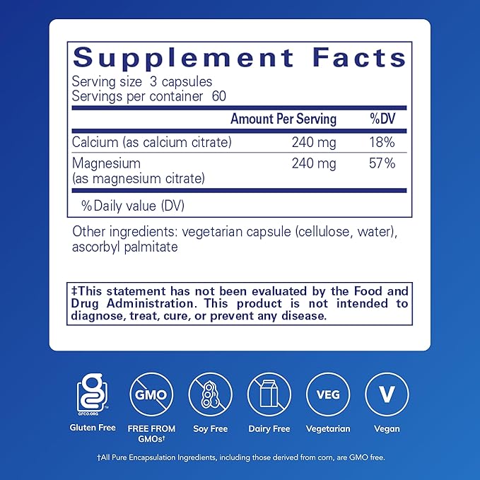 Pure Encapsulations Calcium Magnesium (Citrate) - 240 g Calcium &amp 240 g Magnesium - Bone Health Support - Non-GMO &amp Vegan - 180 Capsules