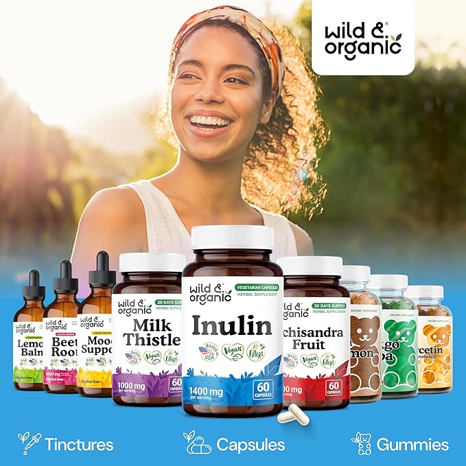 Wild &amp Organic Inulin Prebiotic Fiber Capsules 1400 mg - Digestive &amp Gut Support - Chicory Root Inulin Powder Supplement - Vegan No Fillers Non-GMO - 60 Count