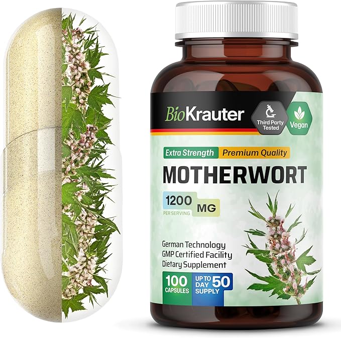 BIO KRAUTER® Perimenopause &amp Menopause Supplements for Women* - Vegan Motherwort Capsules 1200 mg/Serving 50-Day Supply for Natural Calm &amp Women's Wellness - No Fillers Non-GMO - 100 Calm Cap