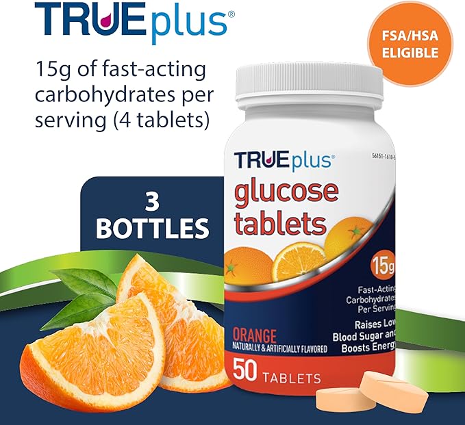 TRUEplus Glucose Tablets Chewable Orange Flavor 15g Fast-Acting Carbohydrates Fat Free Gluten Free Raise Low Blood Sugar and Boost Energy 50 Count 3 Bottles