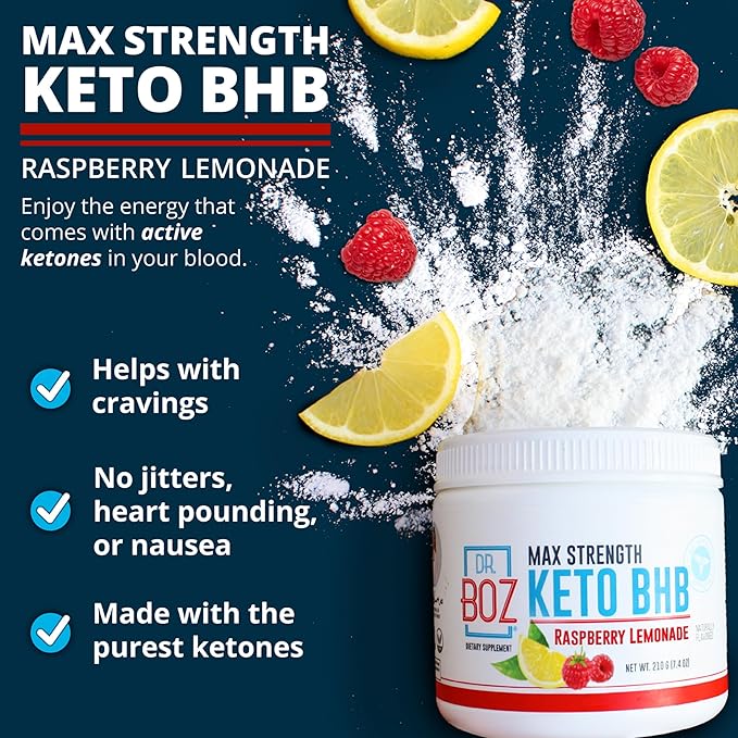 Dr. Boz - Keto BHB Powder - Raspberry Lemonade 20 Servings - Ketones Drink - Increase Energy &amp Reduce Cravings - Max Strength Dietary Supplement - Quality Tested - Made in The USA - 9.6oz (272g)