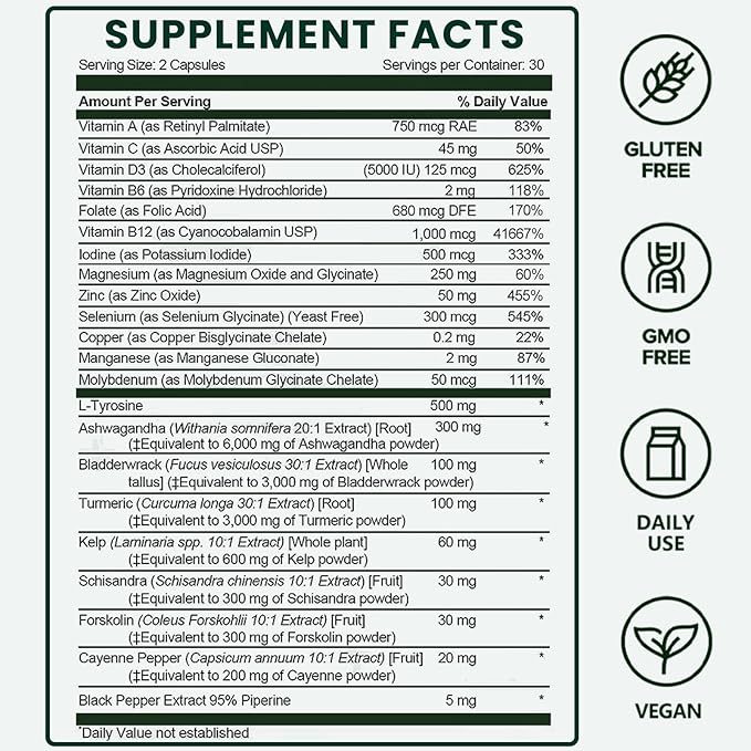 Thyroid Support - Thyroid Support for Women &amp Men | Selenium Iodine L Tyrosine Ashwagandha Bladderwrack Turmeric Kelp Schisandra Zinc - 60 Capsules (2 Bottles)