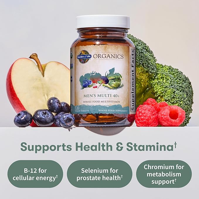 Garden of Life Organics Men's 40+ Multivitamin with Prostate Support B12 &amp Vitamins – Vegan Daily Whole Food Multivitamin Non-GMO Certified Organic 120 Tablets