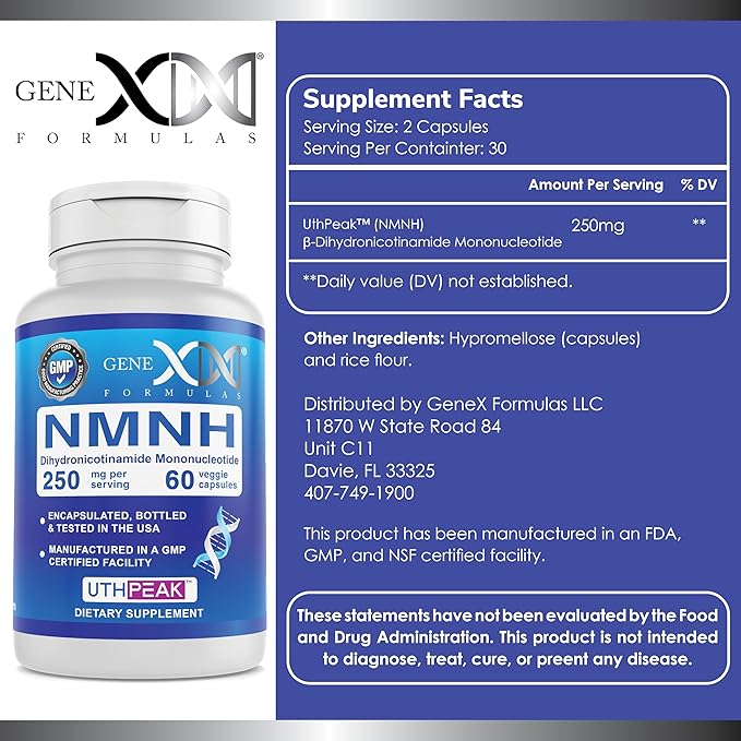 Genex Formulas 250mg NMNH (60 Capsules - 30 Servings) | Uthpeak™ NMNH (Dihydronicotinamide Mononucleotide) NAD+ Precursor for Healthy Aging - Non-GMO Gluten-Free Vegetarian