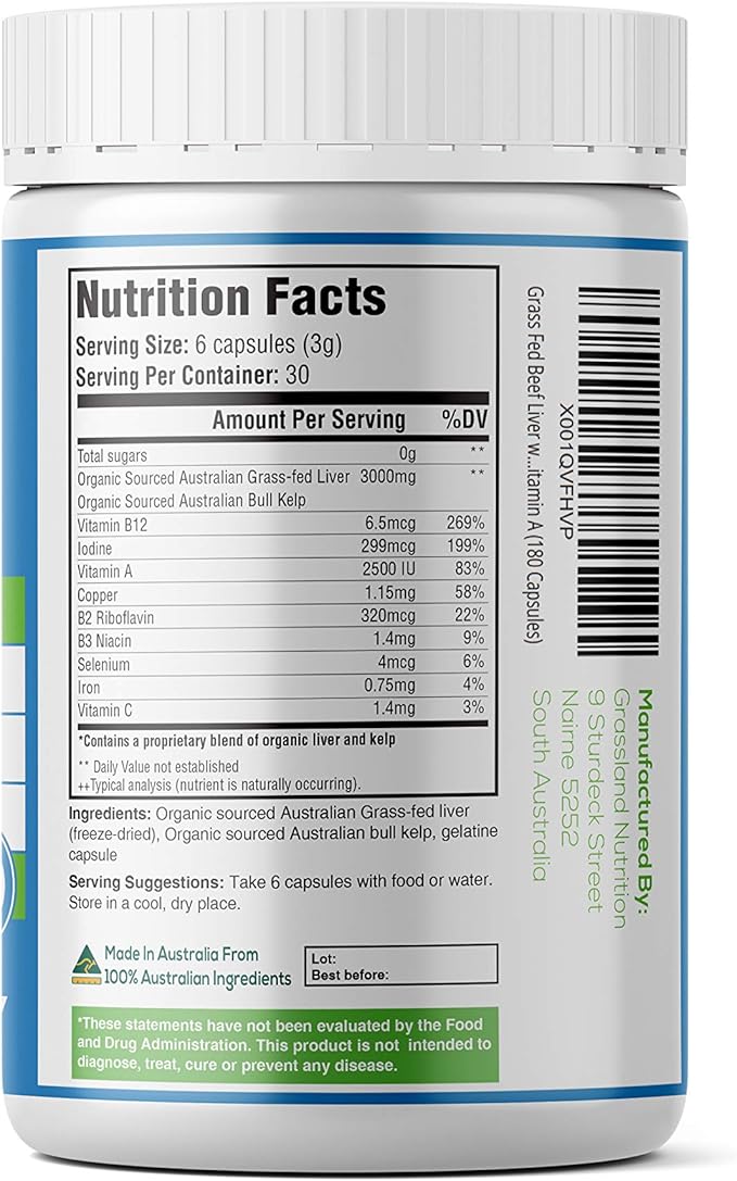 GRASSLAND NUTRITION Grass Fed Beef Liver with Wild Harvested Kelp 100% Organically/Halal Sourced 2-in-1 Energy Formula — Natural B12 Iodine Iron &amp Vitamin A (180 Capsules)