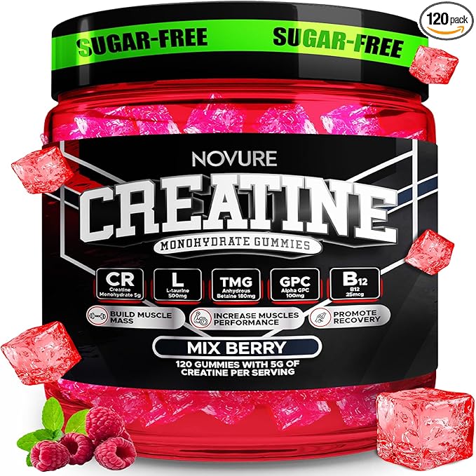 Creatine Monohydrate Gummies 5000mg – Advanced Muscle &amp Focus Blend with Alpha GPC B12 &amp Taurine – Vegan Sugar-Free Blueberry &amp Raspberry Flavors – Made in USA 120 Gummies (30 Servings