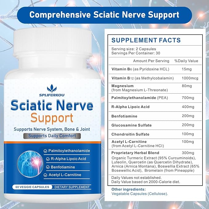 Sciatic Nerve Support Supplement Advanced Sciatic Nerve Support Formula with Pea Alpha Lipoic Acid Benfotiamine 60 Capsules