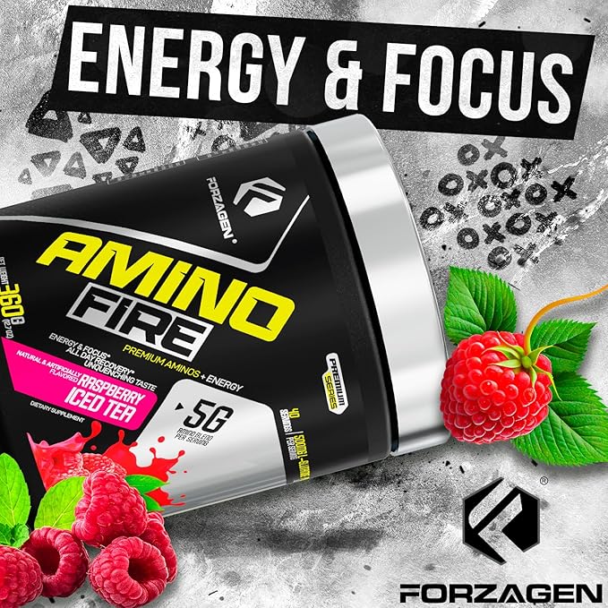 Forzagen Amino Fire | Essential Amino Energy Powder for Pre-Workout | BCAA Energy Boost &amp Muscle Recovery Drink Mix Enhance Focus &amp Concentration Dietary Supplement | Raspberry Ice Tea 40 S