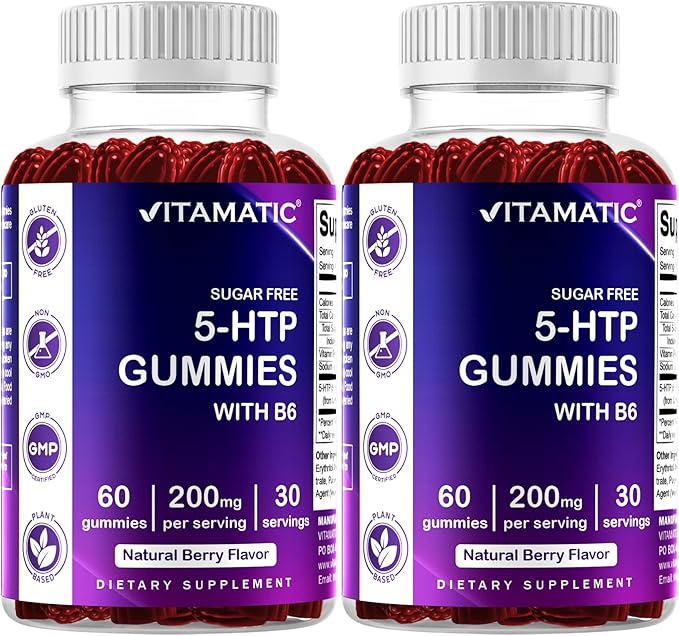 Vitamatic Sugar Free 5-HTP 200mg Gummies with B6 – 60 Pectin-Based Gummies – Mood Support &amp Stress Relief- 2 Pack