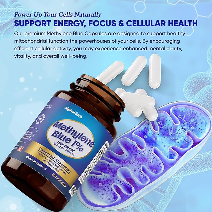 Methylene Blue Pharmaceutical Grade USP Grade – Enhanced Absorption with Vitamin C Ester &amp Cacao Powder – Energy Antioxidant Support &amp Cognitive Focus – 60 Methylene Blue 1% Vegan Capsules