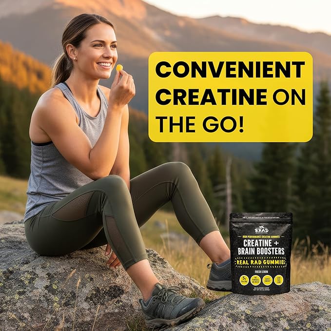 B.rad Real Rad Creatine Gummies | 5g Creatine Monohydrate Per Serving | with Alpha GPC L-Theanine L-Tyrosine L-Citrulline &amp Panax Ginseng | Natural Lemon Flavor | 100 XL Gummies