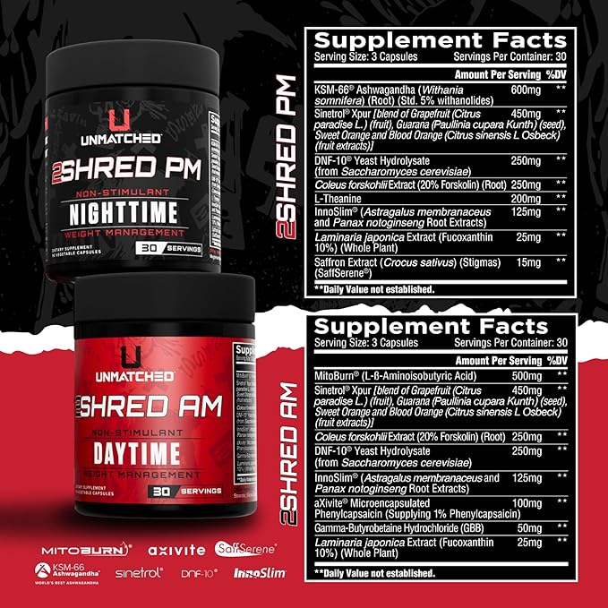 Unmatched 2Shred AM + PM | Non Stimulant Weight Management System | Thermogenesis Fat Burning &amp Appetite Control | 180 Vegetable Capsules 30 Day Supply