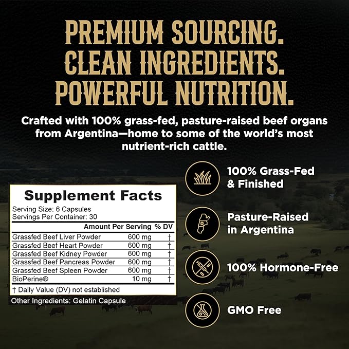 Beef Organ Supplement for Men &amp Women - PRIMUS Grass Fed Beef Liver Capsules with Heart Primal Ancestral Blend 5 Organ Meat Supplements Viking Energy Complex BioPerine for Absorption 180 Pills