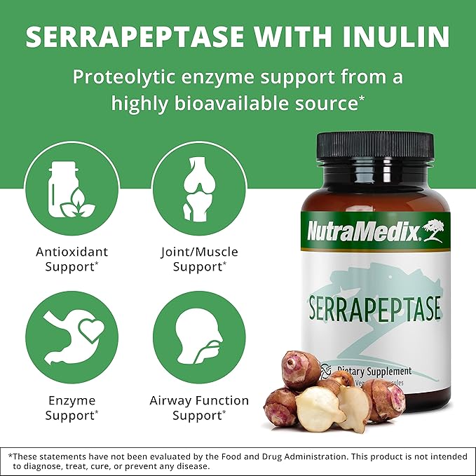 NutraMedix Serrapeptase Supplement with Proteolytic Digestive Enzymes for Women &amp Men - Inulin Prebiotic Fiber for Gut Health &amp Joint Support - Dairy Soy &amp Gluten-Free (120 Capsules)