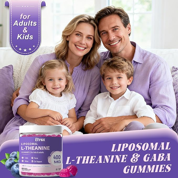 Liposomal L Theanine Gummies Chewable L-Theanine 400mg with GABA Supplement for Kids &amp Adults Stress Relief zzZ and Relaxation Focus Support Natural Blueberry Flavor 60 Count