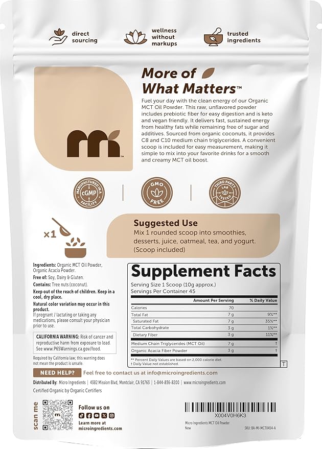Micro Ingredients Organic MCT Oil Powder with Prebiotic Fiber1 Pound (16 Ounce) | C8 MCT Oil for Coffee Creamer | No GMOs Keto Diet Vegan